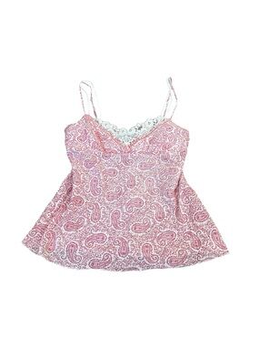 Vintage Anchor Blue Pink Paisley Babydoll Top Tie Back Cream Lace Trim Y2K